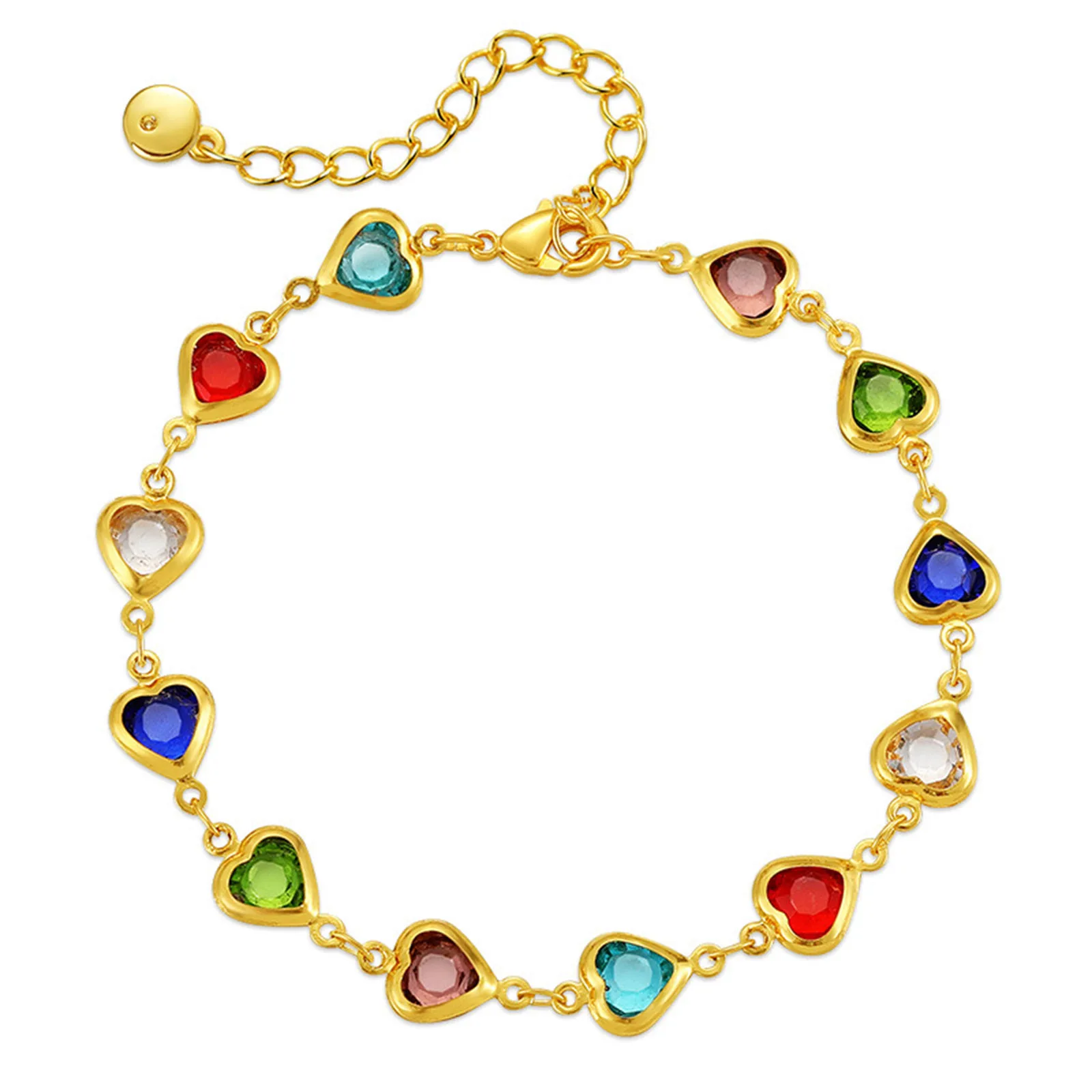 1PC Sweet Valentine's Day Gold Color Bracelets Link Chain Glass Colorful Heart Bracelets Women Party Copper Jewelry 16cm long