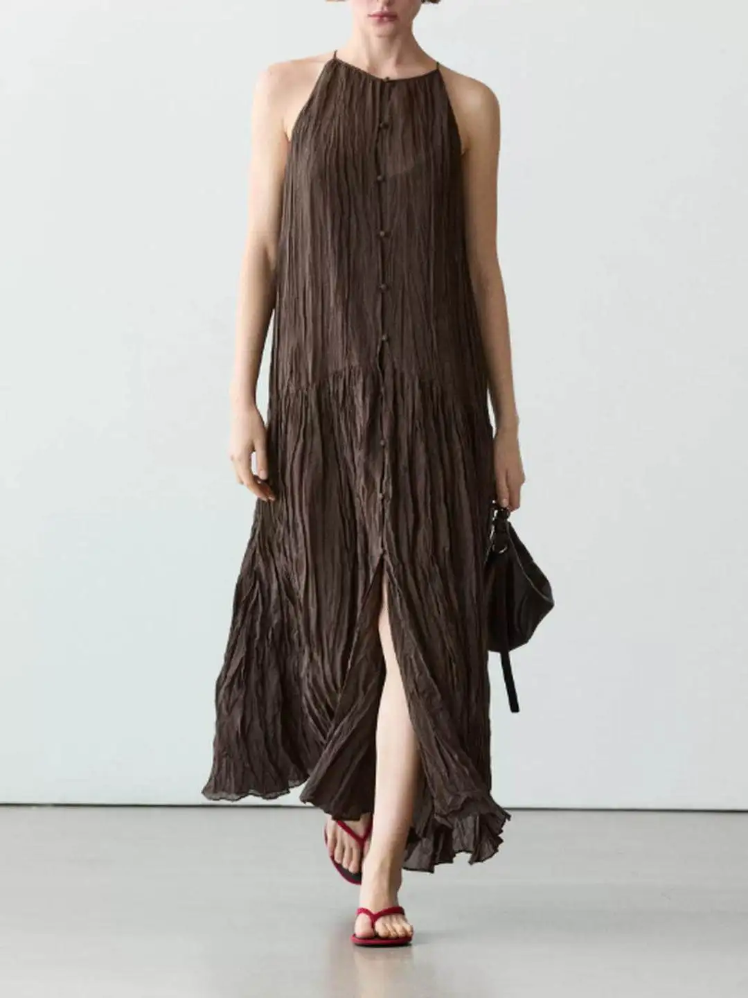 Casual Summer Vacation Style Pleated Effect Sleeveless Dress Hanging Collar Neckline No Brand Polyester Fiber Loose Fit Gown