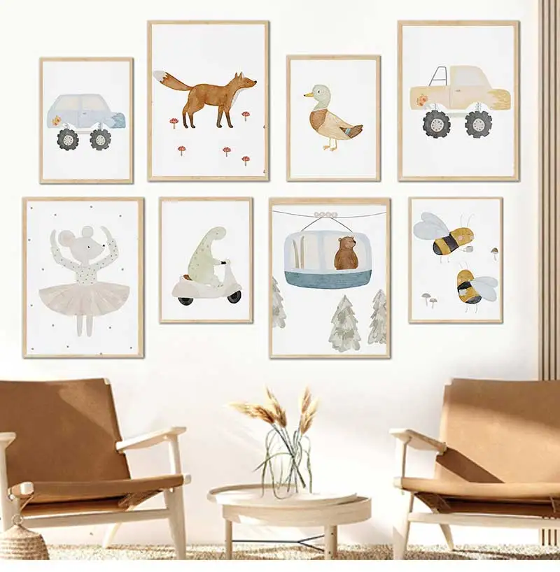 Cartoon Goose Bees Bear Duck Dinosaur Boho Nursery Posters And Prints Canvas Painting Wall Art Pictures Baby Kids Room Decor