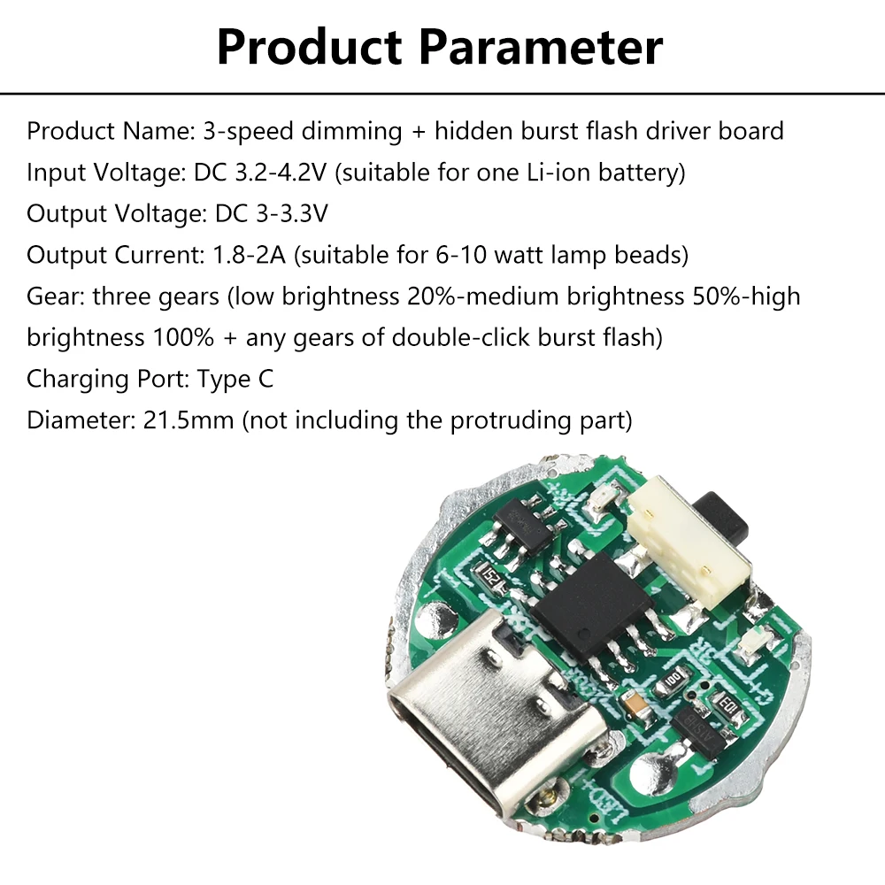 Dimmer de 3 níveis, placa de driver piscante oculta, prensa lateral, módulo de lanterna de luz forte, kit eletrônico diy