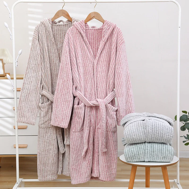 1pcs Unisex Autumn stripe Bathrobe Hooded Kimono Bath Robe Night Cozy Sleepwear Women Dressing Gown Home Clothes