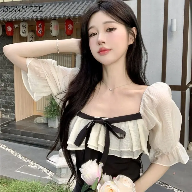 Cropped Blouses Women Ruffles Chic Sweet Vintage French Style Short-sleeve Aesthetic Halter Hot Summer Leisure Fashion Patchwork