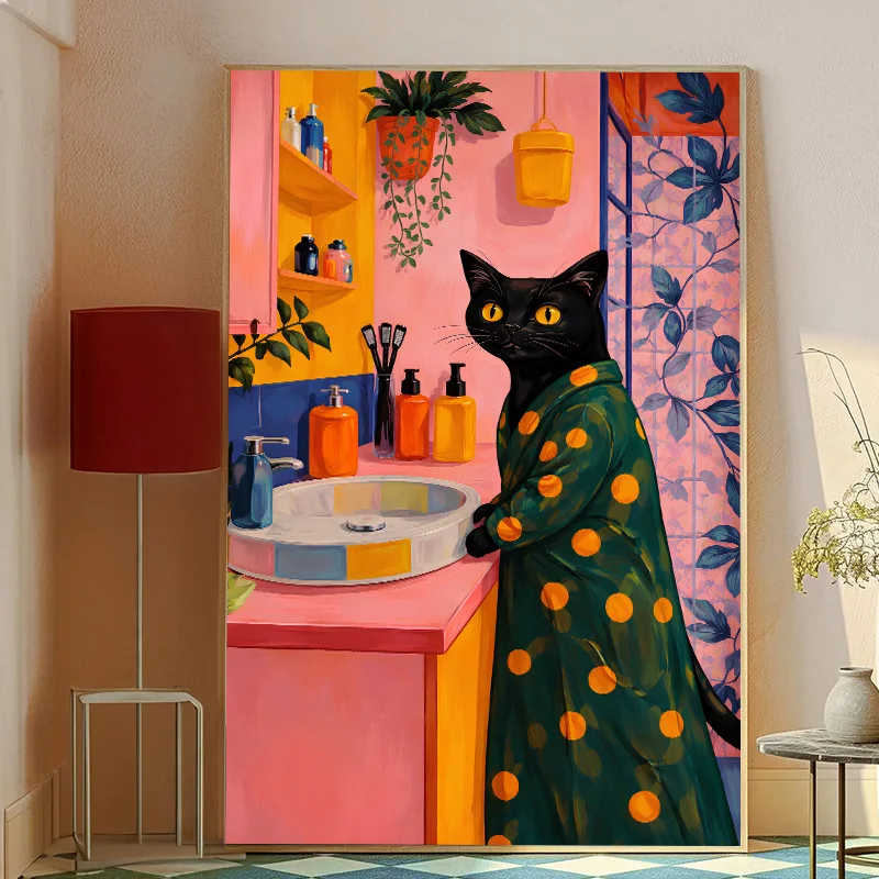 Black Cat in A Bathrobe Retro Dopamine-Inspired Wall Art Canvas Print Decorative Painting Home Decor for Bathroom Toilet Bedroom