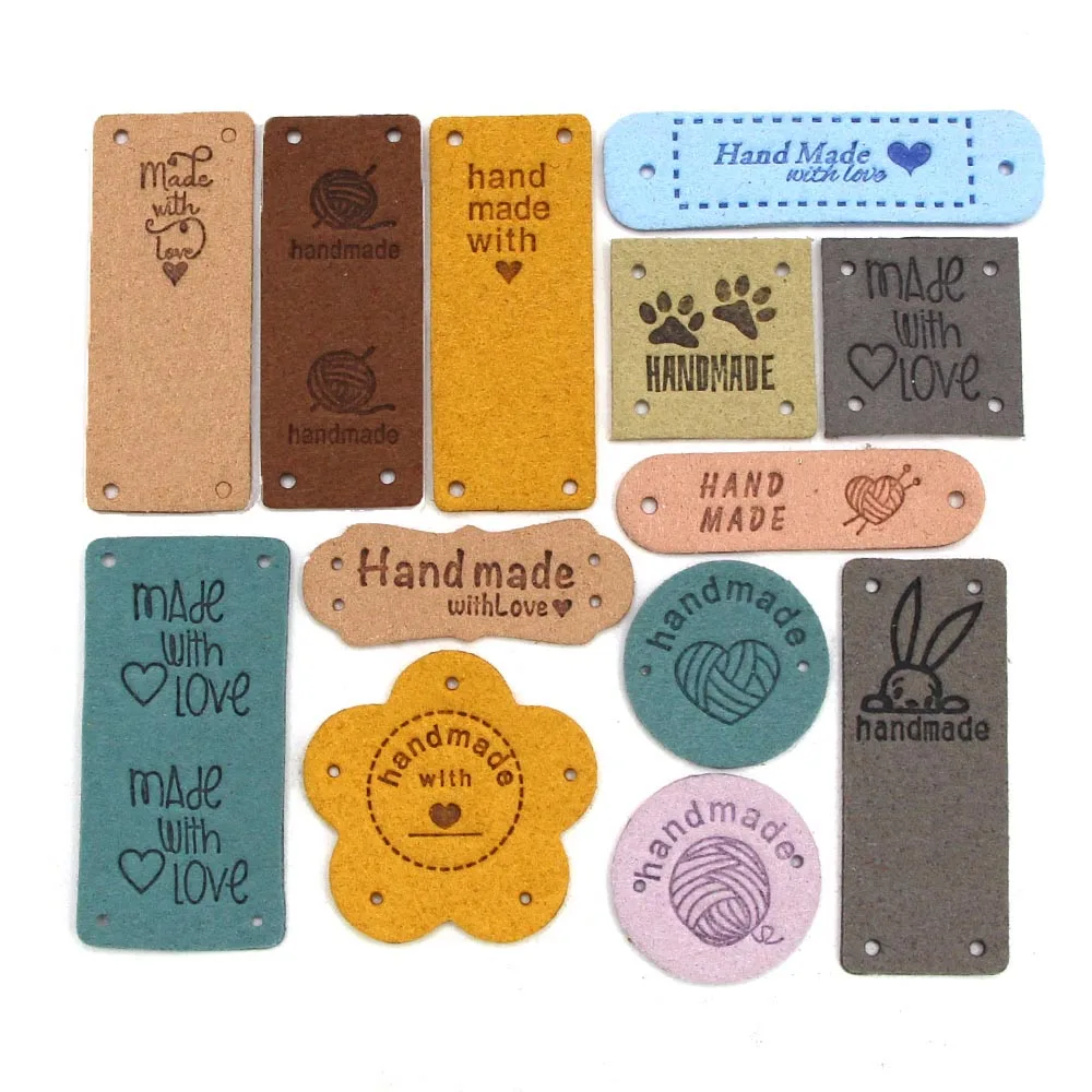 20pcs Heart Handmade Labels Mix Colors Flower Leather Labels Hand Made with Love Tag for Clothes Hats Bags Knitting Accessories