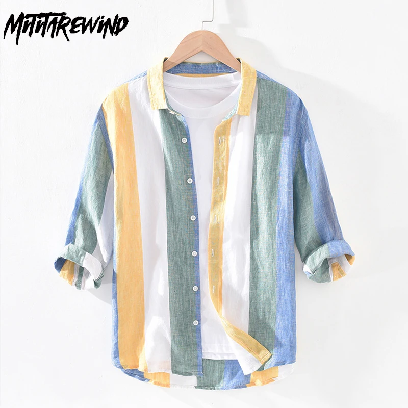 

Fresh Striped Shirts for Men Breathable Summer Beach Man Shirt Three Quarter Pure Linen Shirt Youth Korean Fashion Loose Shirt