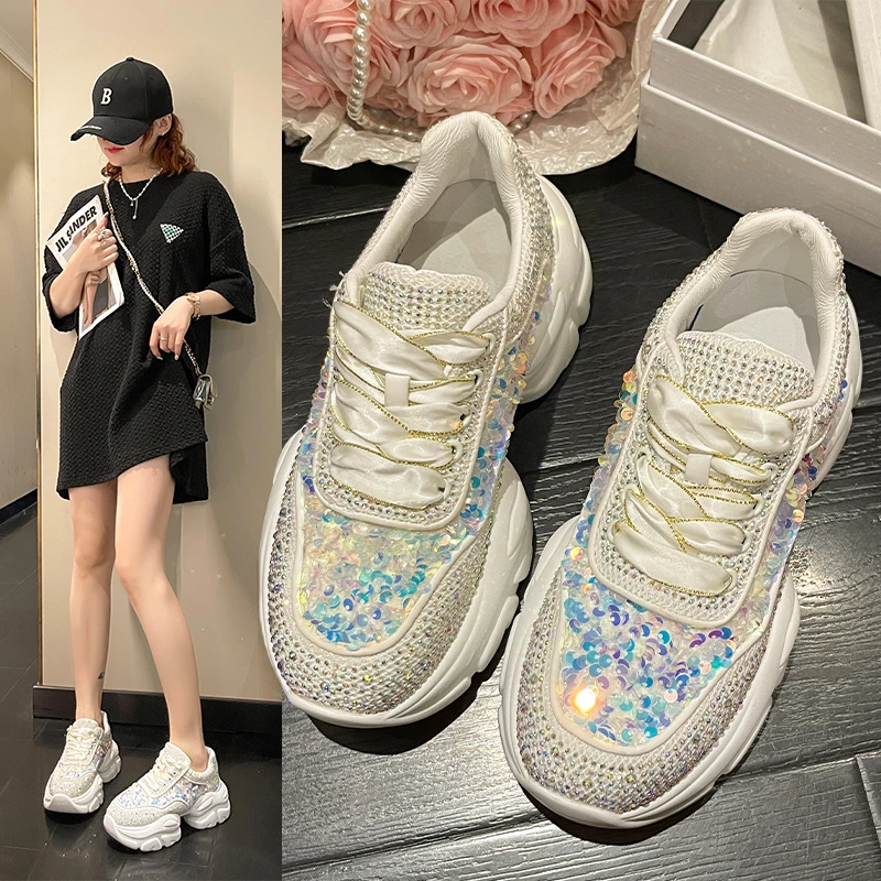 Fashion Shiny Ladies Shoes Sneakers Women Trend 2023 New Spring Platform Lace Up Rhinestone Women Casual Shoes