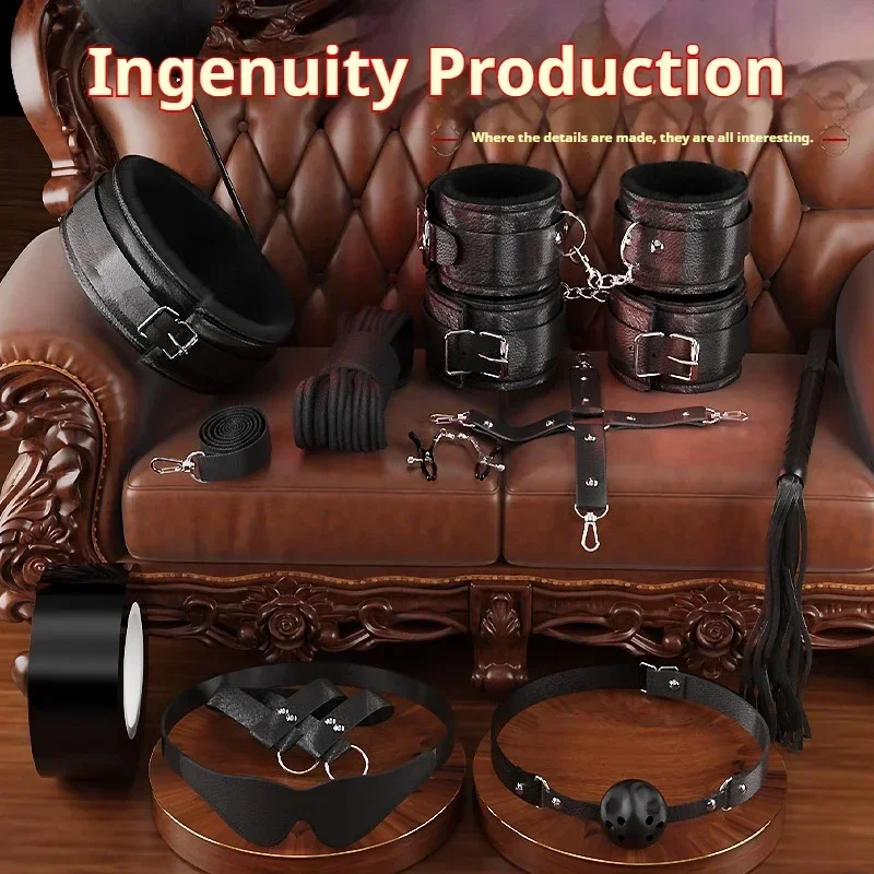 Sex Toys BDSM Bondage Kits Genuine Leather Restraint Set Handcuffs Collar Gag Vibrators Sex Toys For Women Couples Adult Games