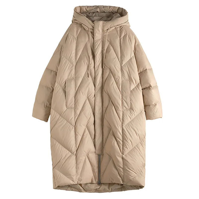 Women 90% White Duck Down Long Jacket with Hood Casual Loose Over Size Winter Warm Outwear High Quality