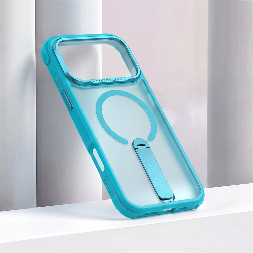 Matowe, półprzezroczyste, magnetyczne etui z obrotową podstawką, odporne na wstrząsy, do iPhone 18 17 Pro Max 16 15 14 13 12, z metalową osłoną obiektywu kompatybilne z Magsafe. — zdjęcie produktu 5