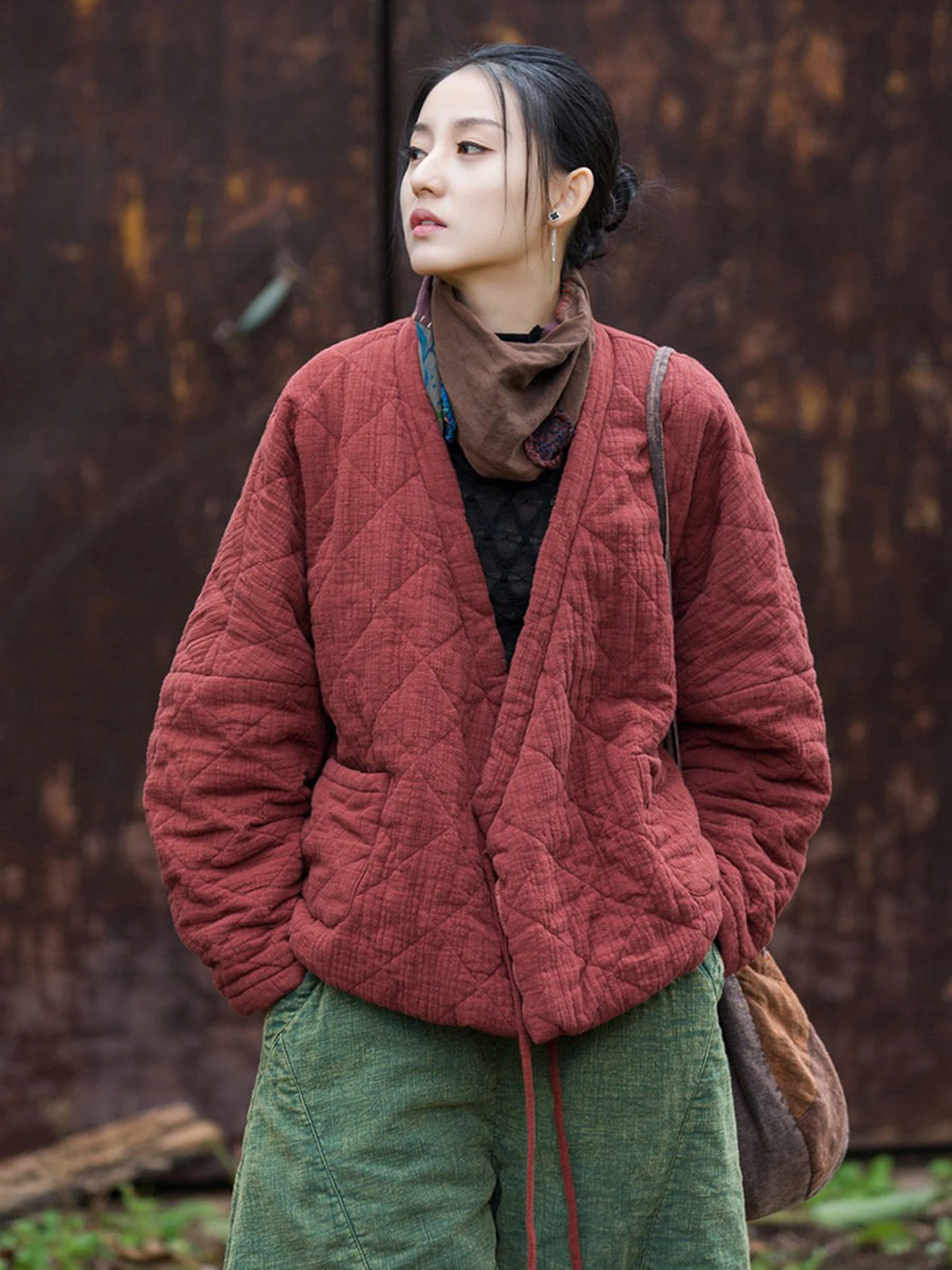 Retro Style Women's Cotton Jacket with Rope Ties Diamond Patterned Quilted Cotton Linen Blend Outerwear Zen Buddhist Influence