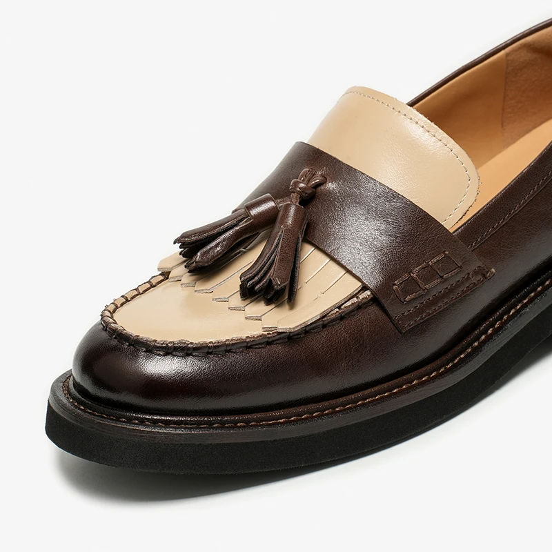 BEAUTODAY Loafers Women Genuine Cow Leather Fringe Patchwork Round Toe Slip-on Mid-heel Ladies Shoes Handmade 26447