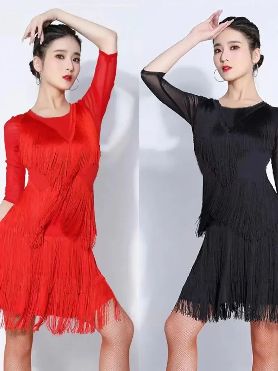 New Latin Dance Dress Sexy Women\'s Adult Long Tassel Dress Dancing Clothing Bottoms Performance Wear