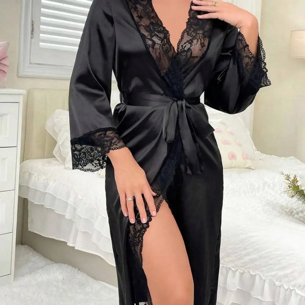 

New Ladies Elegant Satin Robe Lace Trim Kimono Short Sleepwear Nightgown V Neck Belted Bridal Loungewear Bridesmaid Gift