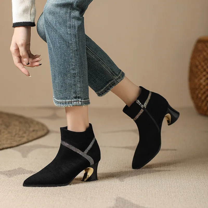 Suede short boots 2025 winter new thick heel pointed temperament fashion with drill high heel mid-tube plus velvet boots