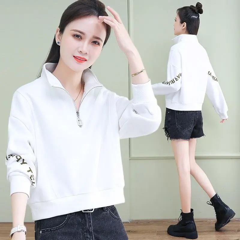 

Женская хлопковая короткая толстовка с воротником-стойкой и полумолнией, весна-осень 202, модная темпераментная одежда для девочек, свободная повседневная куртка