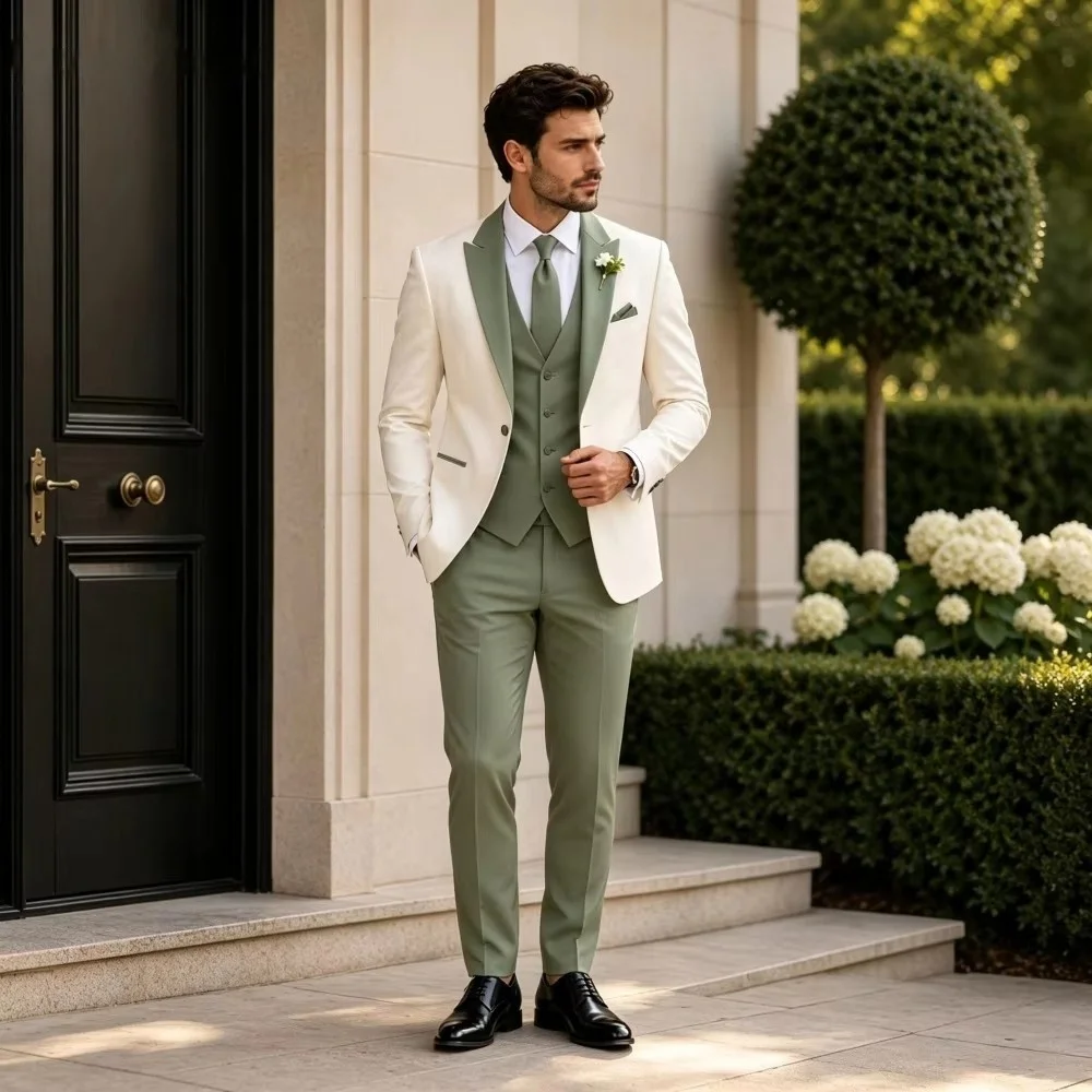 Fashion White Sage Light Green Men Suit Set 3PCS For Wedding Formal Business Groom Best Man Outfit Office Customized Men's Suit