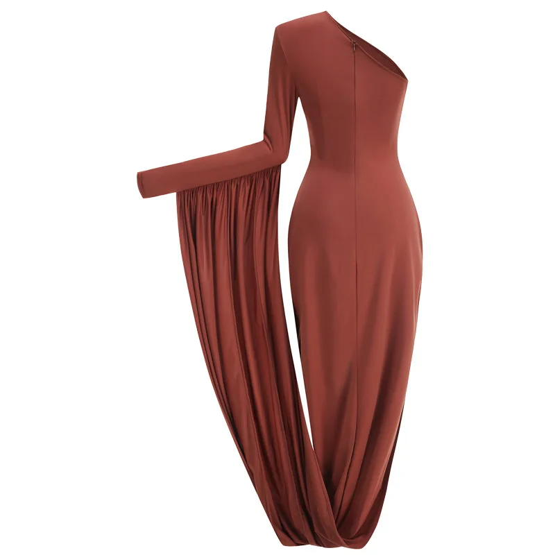 Sexy Bodycon Sloping Shoulder Long Sleeve Maxi Dress 2025 Autumn New Wrinkle Celebrity Evening Dresses Elegant Brithday Outfits