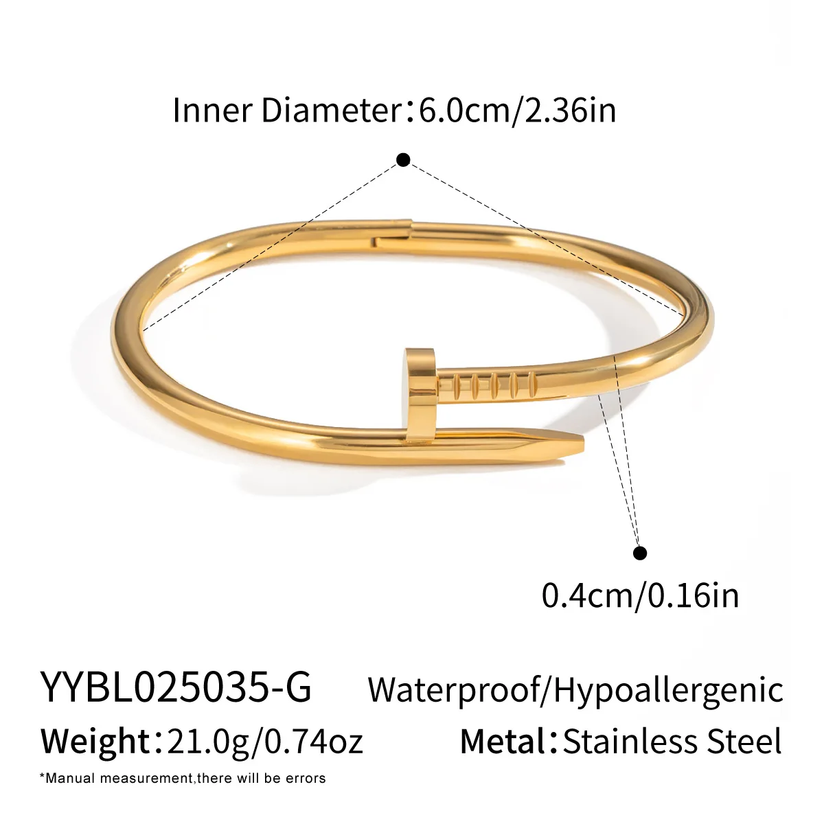 Minimalist Nail Bracelet for Women Stainless Steel Gold Plated Adjustable Bangle Waterproof Vintage Luxury Charm Jewelry Gift