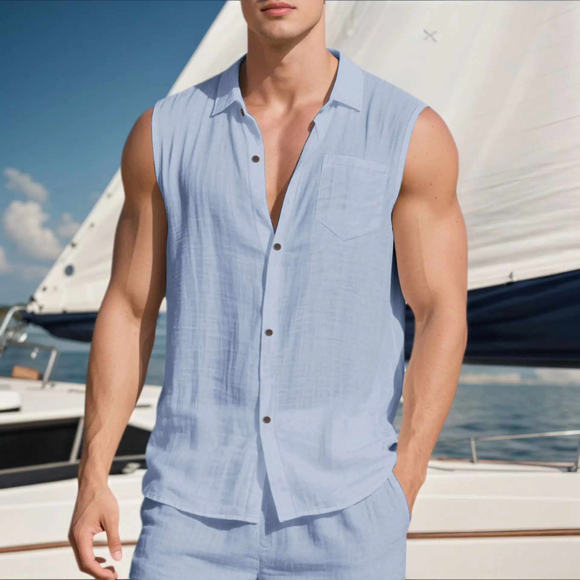 

Men's Linen Sleeveless Button Down Shirt, Casual Breathable Tank Top for Summer Beach Wear