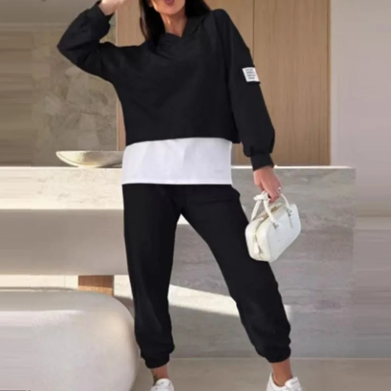 

Повседневный спортивный костюм с капюшоном и цветными блоками, осенне-зимняя толстовка с длинными рукавами и брюки, комплект из 2 предметов, простая женская одежда для фитнеса