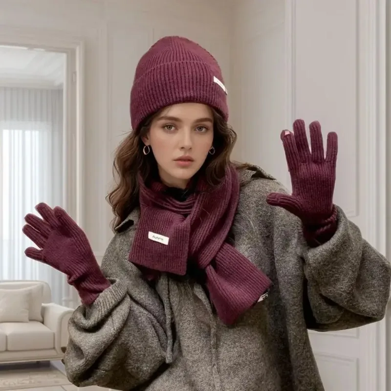 Herbst Winter frauen Hut & Handschuh Sets gestrickte Kalt-beweis Mode Touch handschuh Hüte Verdickte Schal Warme Drei-stück Sets frauen