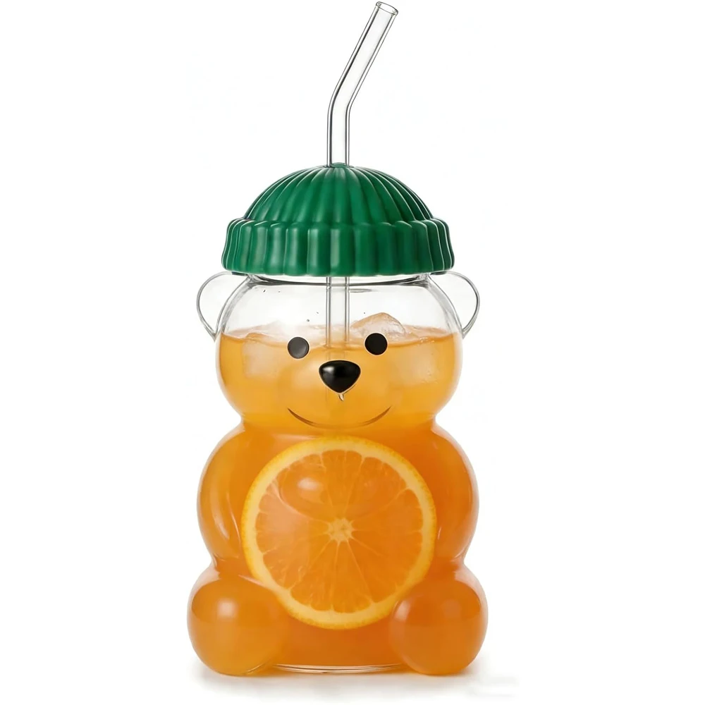 Glass Bear Cup with Straws and Lids, 20oz Bear Mug High Borosilicate Material for All Beverages Couples and Family/Friends