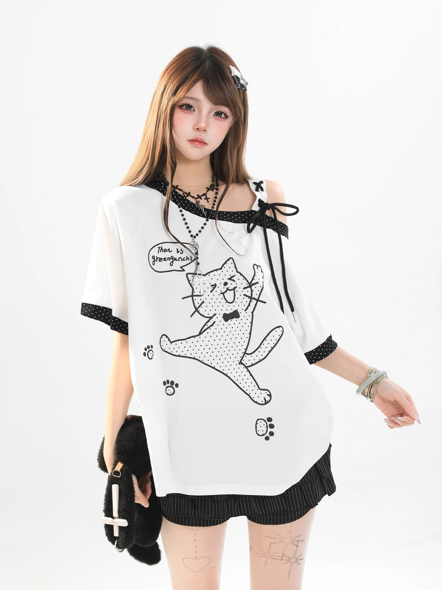Cute  Print Short Sleeve T-Shirt Women's Summer Loose Casual Chic Unique Beautiful Top round Neck Tie Waist Design
