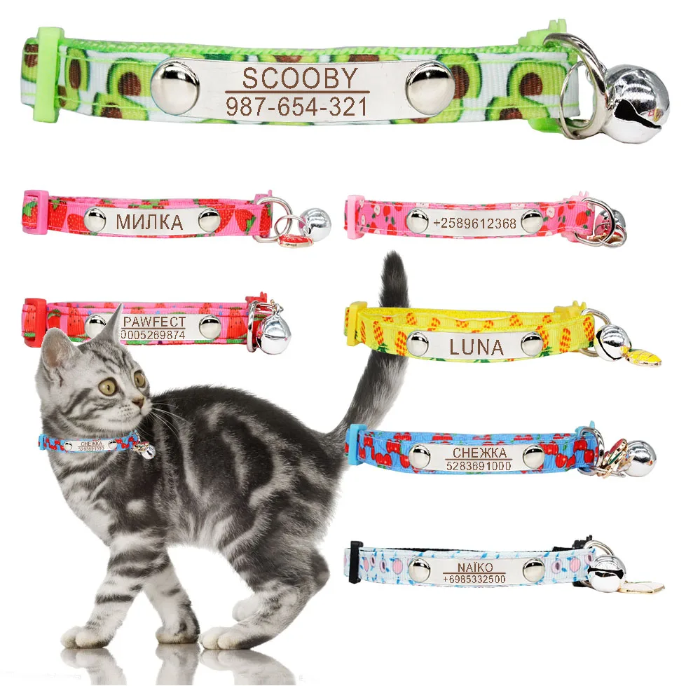 Personalized ID Cat Collar Custom Engraving Adjustable Safety Buckle Fruits Pattern with Bell Nylon Puppy Kittens Accessories