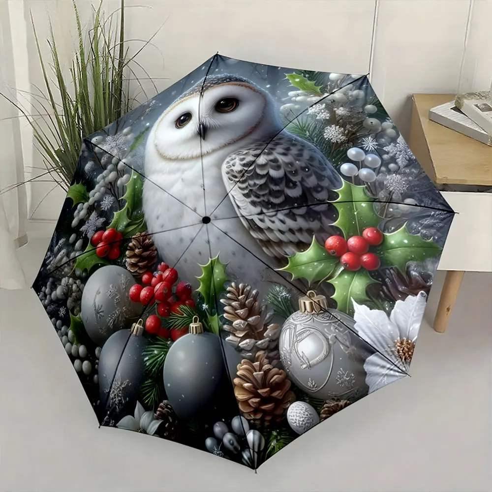 1PC Winter Owl Design Umbrella with Festive Decorations Print 8 Iron Ribs Folding Umbrella Auto-Open Fashion Sunshade