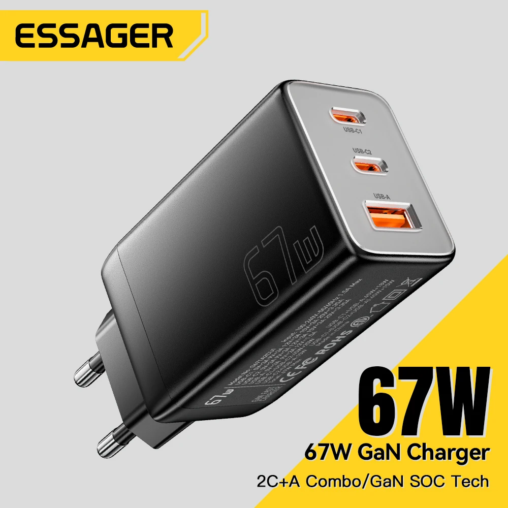 Essager GaN USB Type C Charger 67W 45W 33W KR EU Plug Fast Charging For Samsung iPhone 16 15 14 Pro Huawei Phone Laptop Chagers