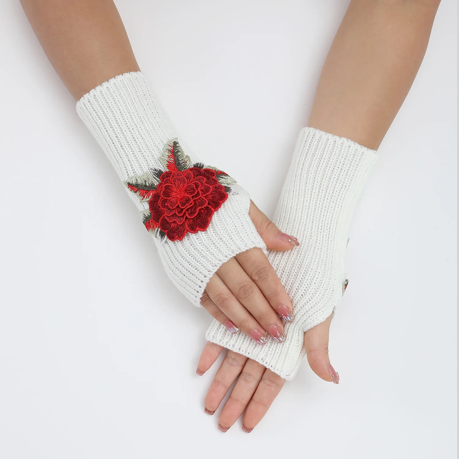 New Autumn Winter Women\'s Knitted Woolen Sleeve Fingerless Embroidery Gloves Stylish Warm Short Wrist Bracelet Flower Gloves