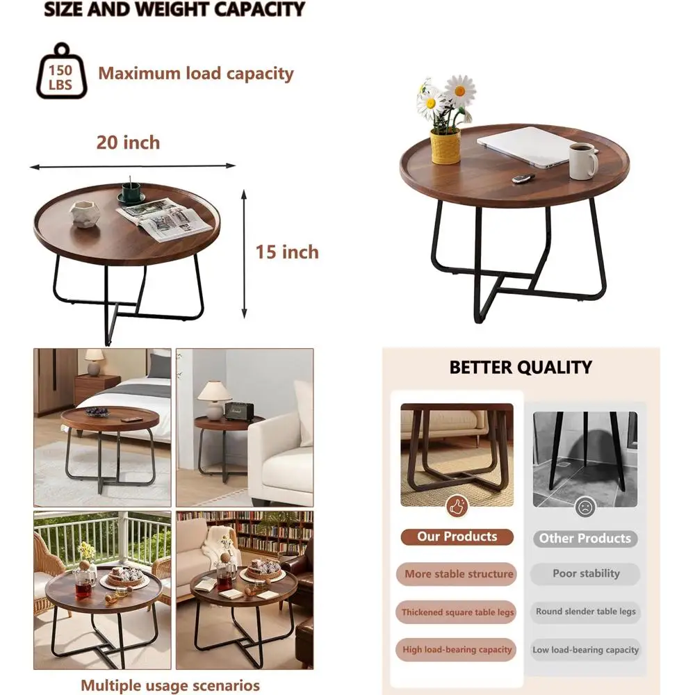 ウォールナット20 ラウンド木製トップコーヒーテーブル、金属製の脚付き、リビングスペース、寝室、オフィス、屋外エリア用