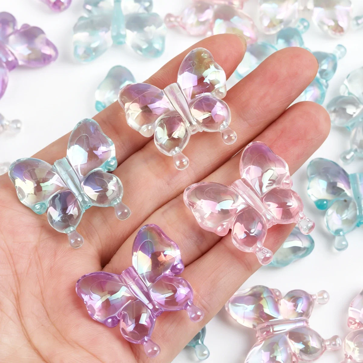 10/20pcs Random Color UV Iridescent Butterfly Acrylic Beads, 30mm Transparent AB Bowknot Spacer Beads for DIY Jewelry Making