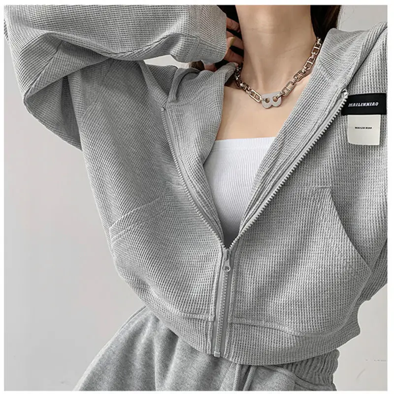 Deeptown Harajuku Women Sweatshirts Korean Fashion Sportswear Female Zip Up Hoodies Vintage Streetwear Basic Casual Cropped Top