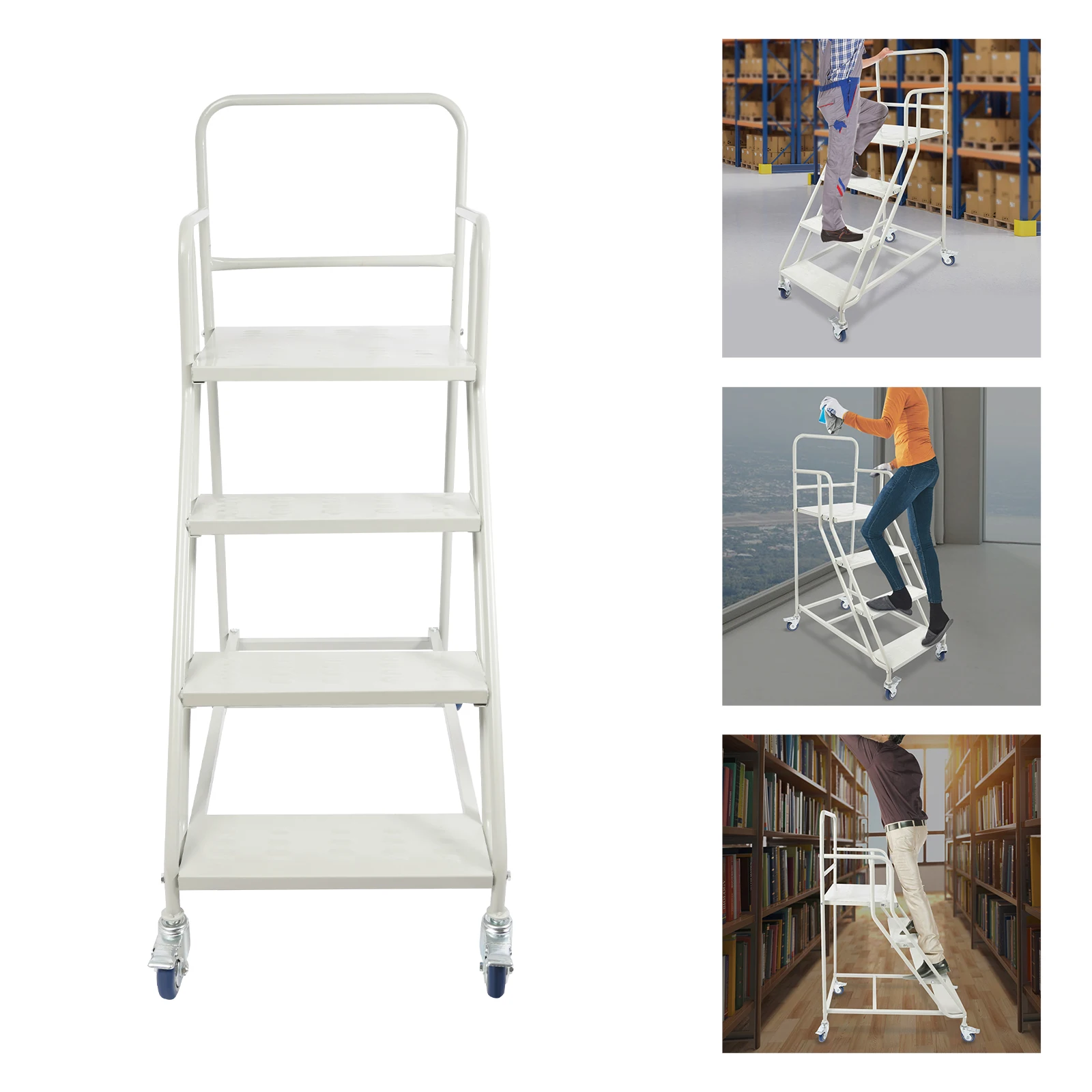 

4 Step Rolling Stairs Industrial& Warehouse 4-Step Stairs 400kg Load PU Wheels For Warehouse Supermarket Library Home