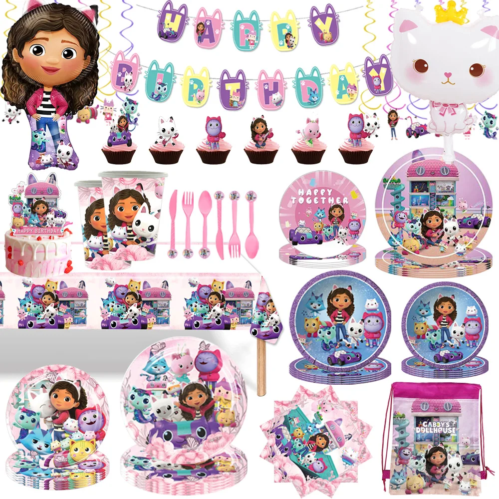 

Gabby Dollhouse Cat Birthday Party Decorations Balloons Cups Plates Napkins Cake Decor Banner Girls Baby Shower Supplies Gifts