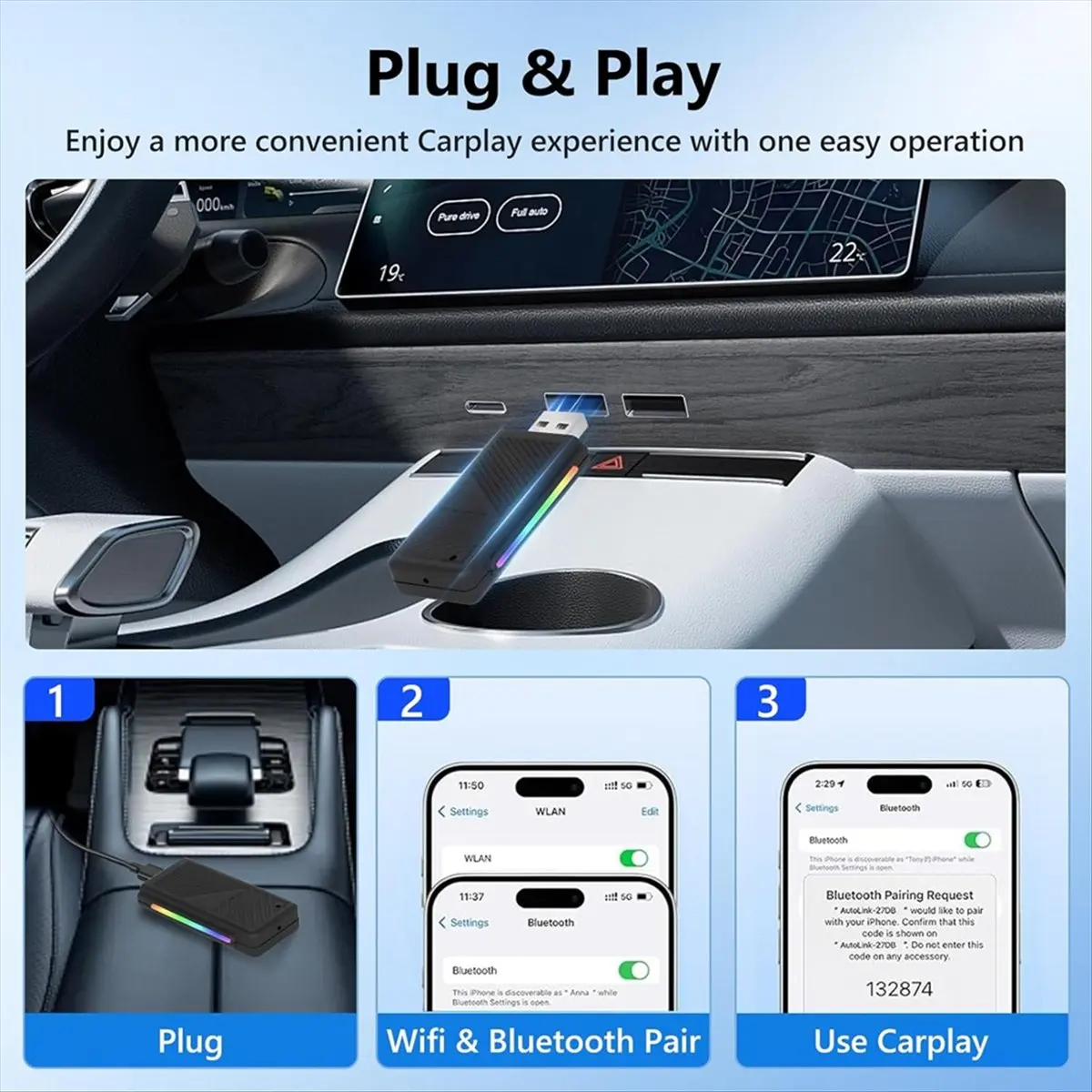 Super Sale Wireless Carplay Adapter,Wired to Wireless CarPlay Dongle Plug & Play Auto Connect Bluetooth 5.0 WiFi 7 Colour Backli