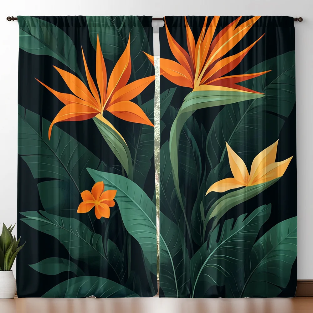 Tropical Bird of Paradise Curtains Set of 2 Rod Pocket Opaque Dark Green Orange for Living Room Bedroom Decor