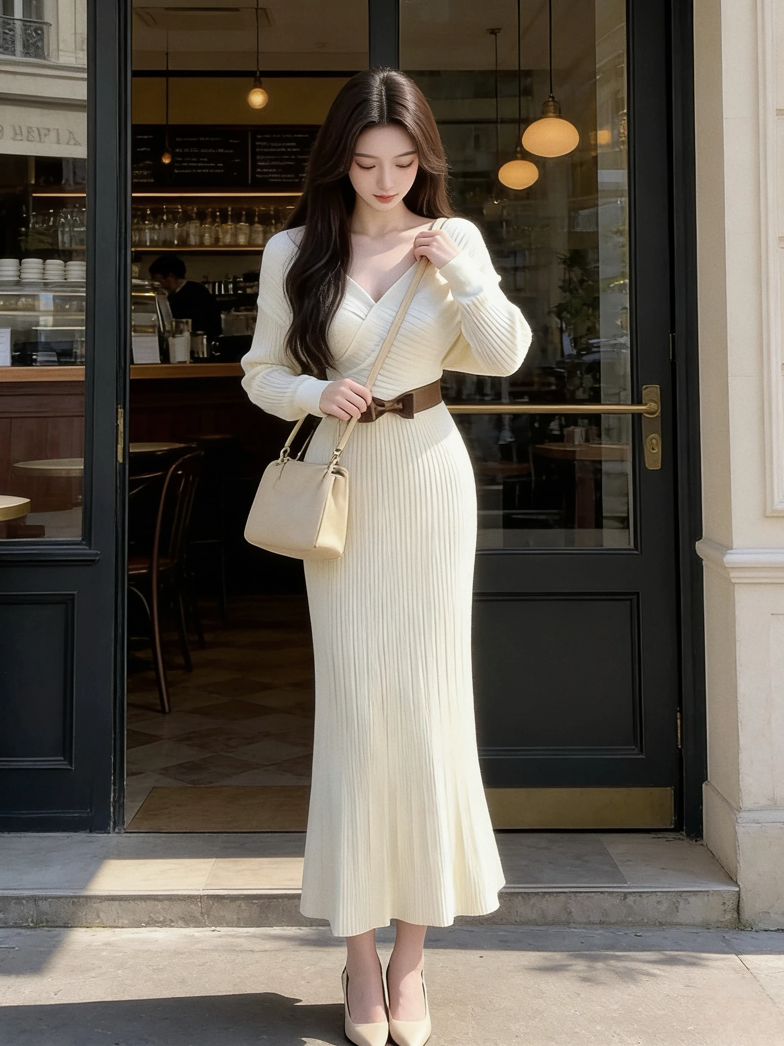 

Вязаное платье Ele с длинным рукавом и V-образным вырезом для женщин, осенне-зимнее, облегающее, с завязками на талии