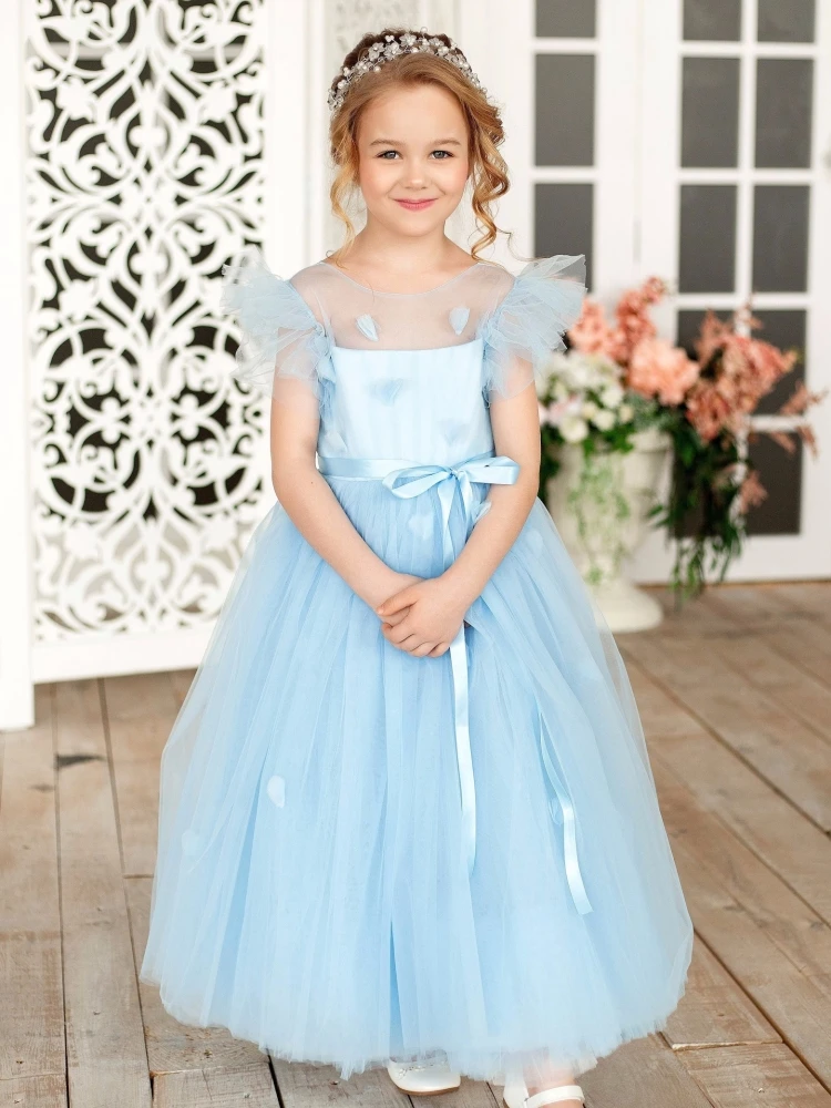 

Blue Flower Girl Dresses Tulle Puffy With Bow Belt Short Sleeve For Wedding Birthday Party First Communion Gowns