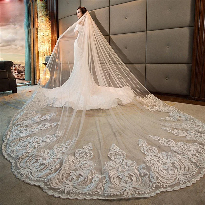 

White/Ivory Long Bridal Veil Cathedral Length Lace Stickers 4M Wedding Veil with Comb Wedding Accessories