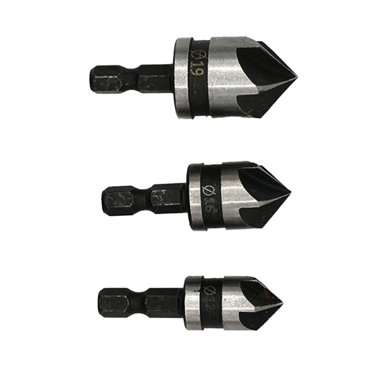 Carbon Steel 5 Flute Countersink Drill Bit Tool With Hexadecimal Shank 3pcs