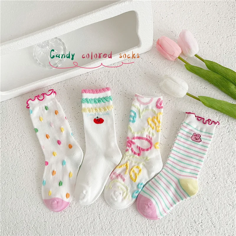 Little Girls Socks Cute Cherry Flowers Socks Autumn Spring Cotton Socks Ruffle Socks 4 Pairs
