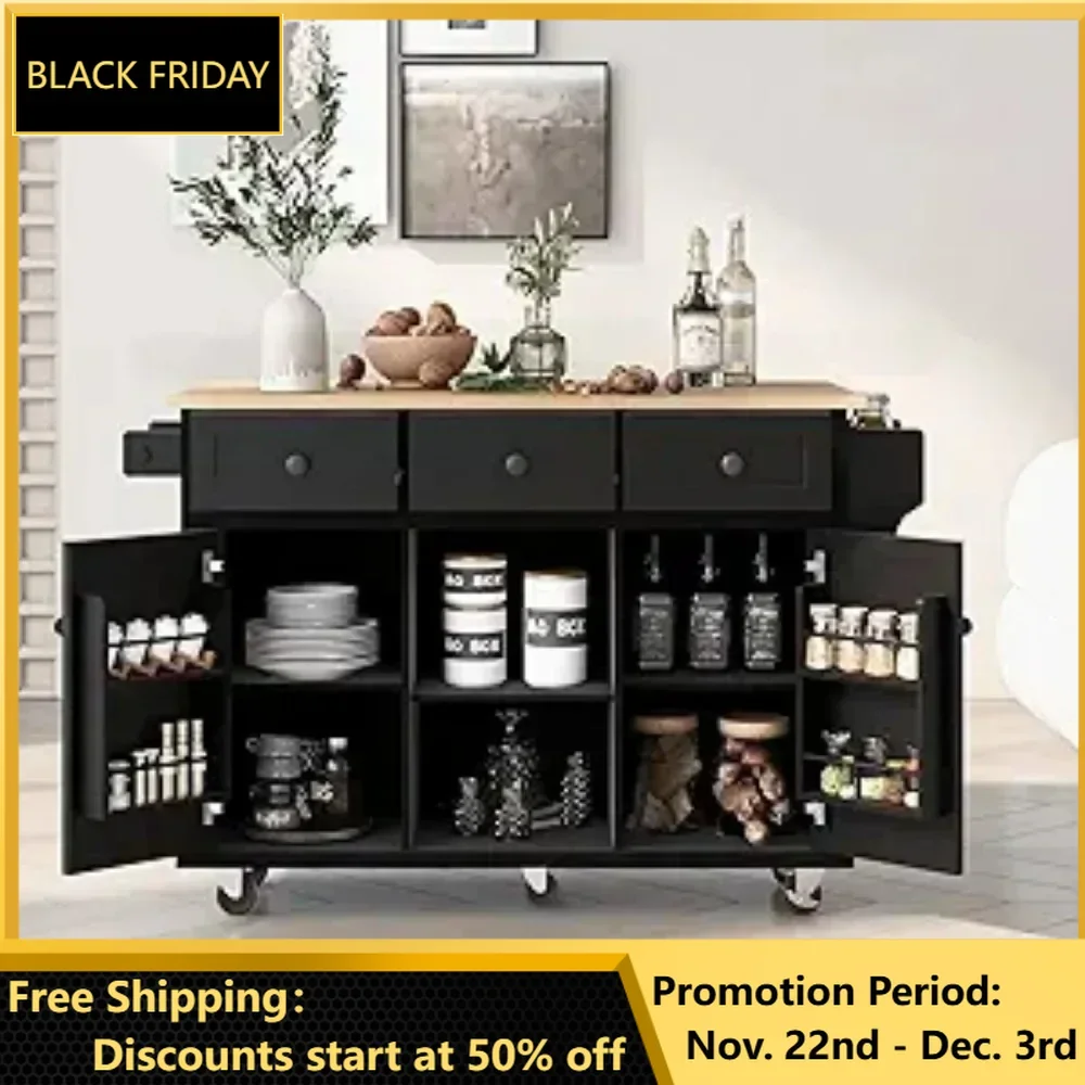 Kitchen Island Cart with Drop-Leaf Cabinet Door Internal Storage Rack 5 Wheels 3 Drawers for Kitchen, Kitchen Trolley