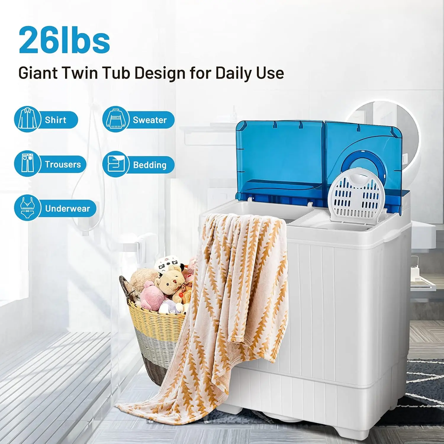 Semi-automatic, Twin Tub Washer with Spin Dryer, 26lbs Capacity, Built-in Drain Pump, Portable Laundry Washer (White+Blue)