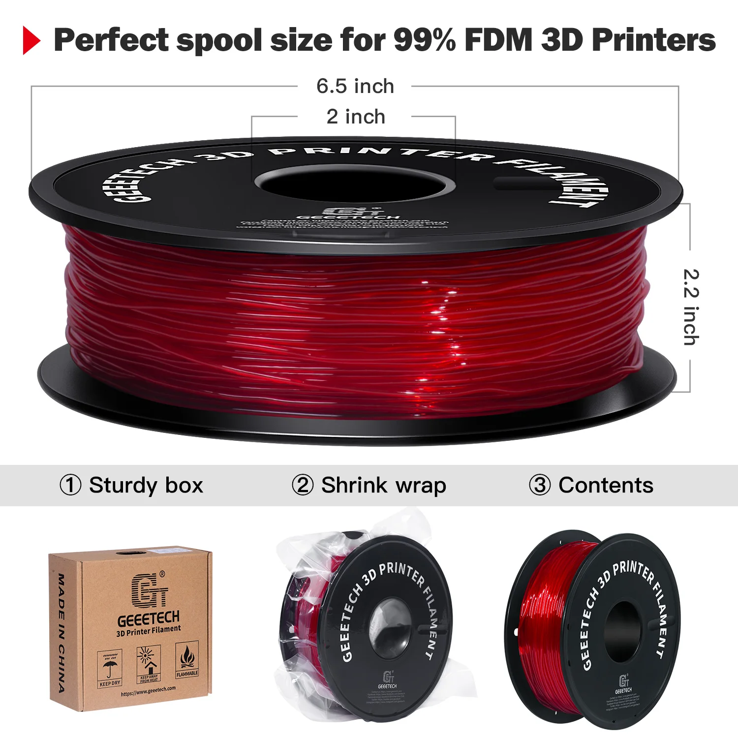 GEEETECH 3D-printer Flexibel gloeidraad TPU-materiaal 1 kg 2,2 LBS / spoel 1,75 mm Plastic vacuümverpakking, niet-giftig Hoge kwaliteit veilig
