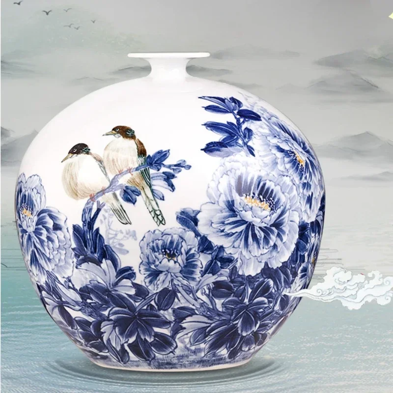 Jingdezhen-Antique Ceramic Tabletop VaseHand-painted Blue and White PorcelainLiving Room Flower Arrangement Decoration, Genuine