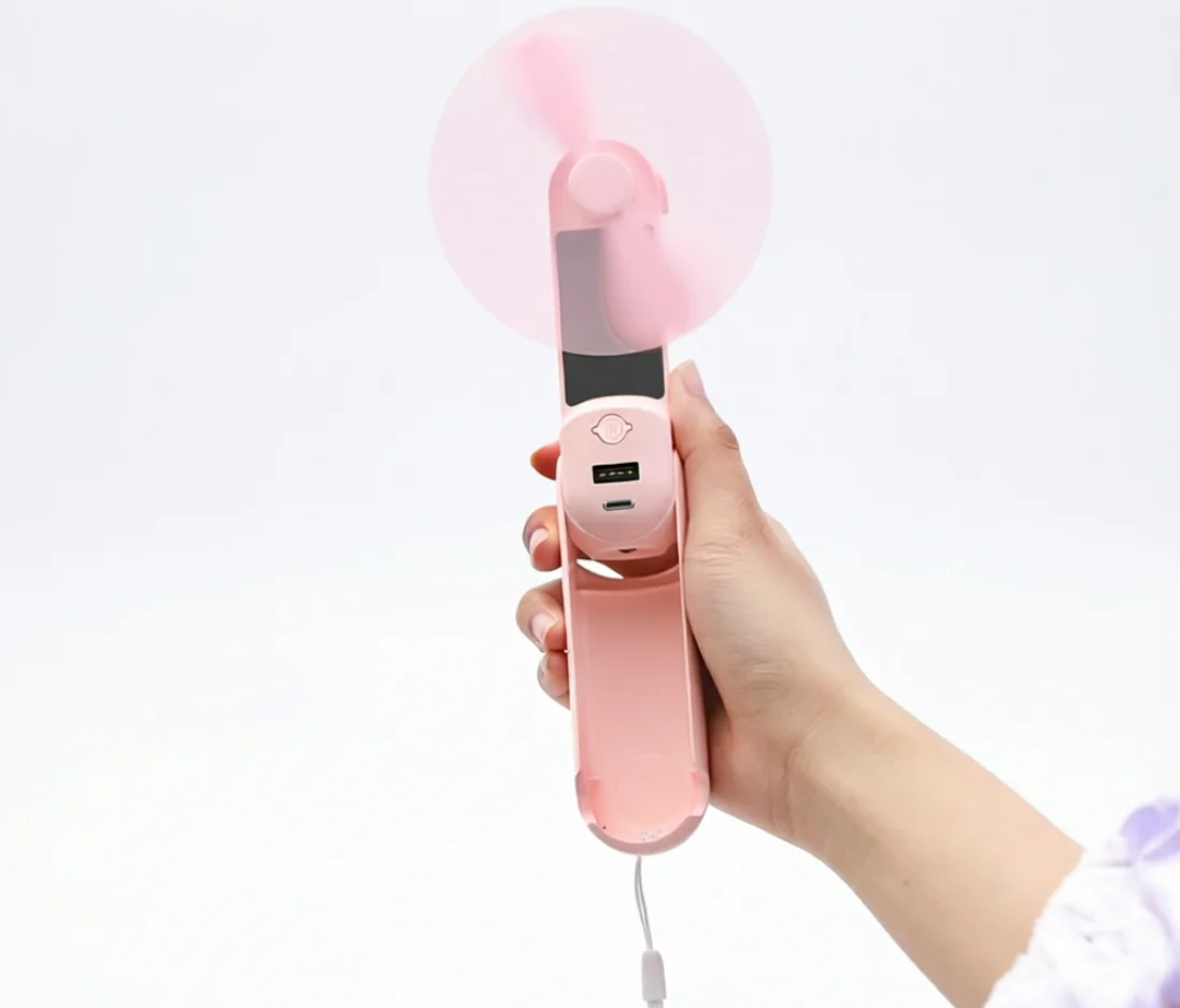 Image of 5-in-1 Tragbarer Ventilator mit Taschenlampe, Wiederaufladbarer Mini-Handventilator, Faltbarer Kleiner Taschenventilator mit Powerbank, Spiegel und Fackel