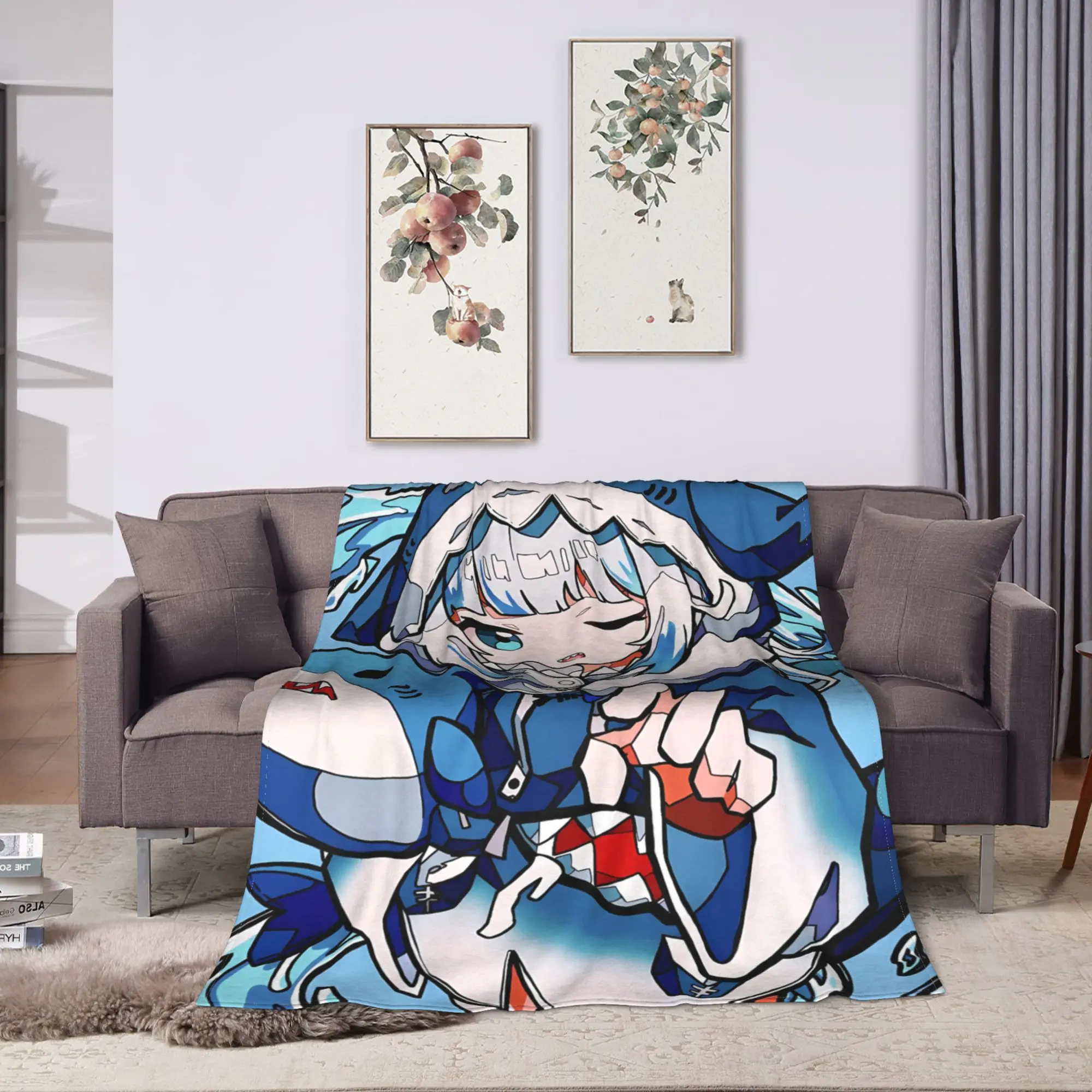 Gawr Gura Holding Shark Plush Warm Soft Blanket  Kids Plush Throw Blanket Pattern Couch Chair Flannel Bedspread Sofa Bed Cover