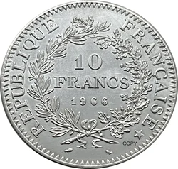 France 1966 10 Francs Fifth Republic Liberte Cupronickel Silver Plated Letter Edge Design In Relief Copy Coin